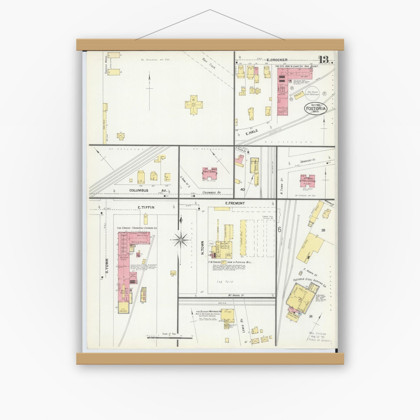 Old map wall art mockup — magnetic wood frame on white wall — Sanborn Fire Insurance Map from Fostoria, Seneca, Hancock, And Wood Counties, Ohio (1901), Sheet #0013