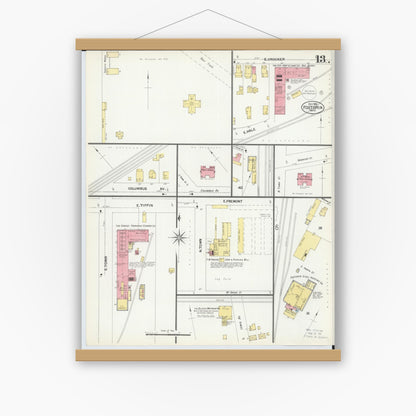 Old map wall art mockup — magnetic wood frame on white wall — Sanborn Fire Insurance Map from Fostoria, Seneca, Hancock, And Wood Counties, Ohio (1901), Sheet #0013