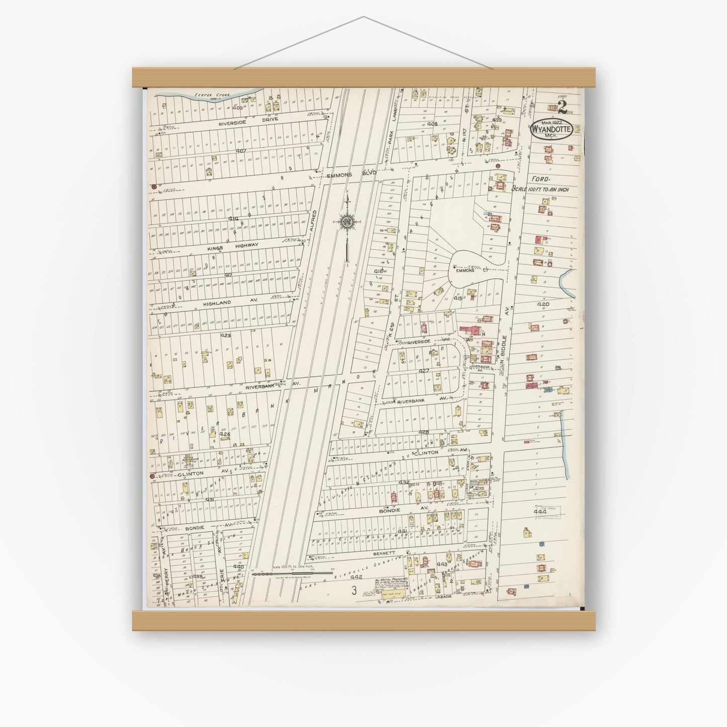 Old map wall art mockup — magnetic wood frame on white wall — Sanborn Fire Insurance Map from Wyandotte, Wayne County, Michigan (1922), Sheet #0002