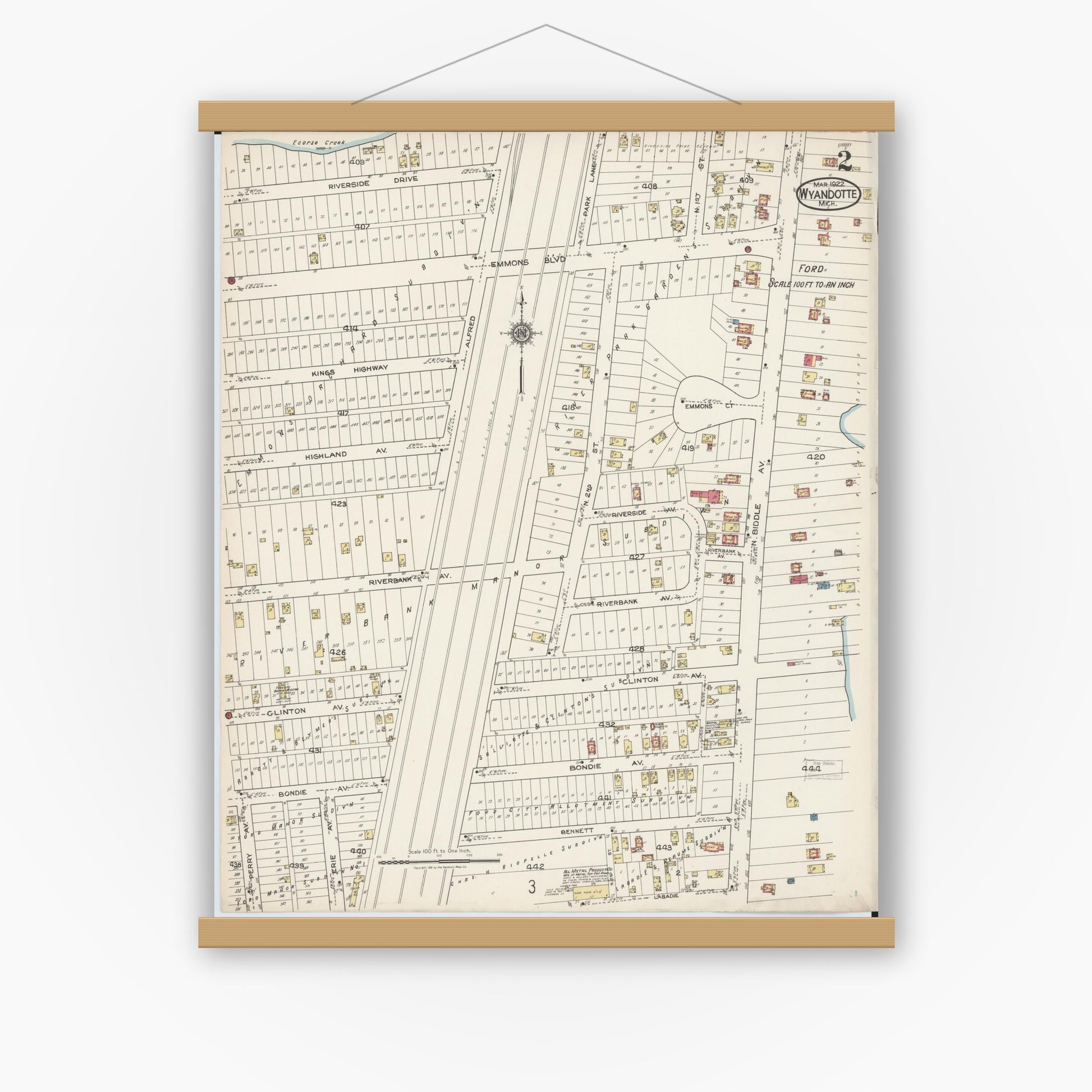 Old map wall art mockup — magnetic wood frame on white wall — Sanborn Fire Insurance Map from Wyandotte, Wayne County, Michigan (1922), Sheet #0002