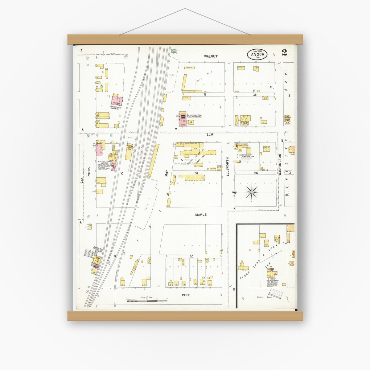Old map wall art mockup — magnetic wood frame on white wall — Sanborn Fire Insurance Map from Avoca, Pottawattamie County, Iowa (1899), Sheet #0002