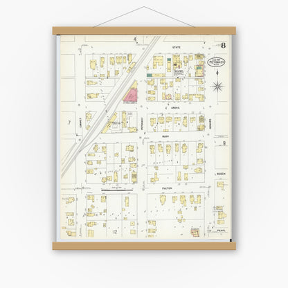 Old map wall art mockup — magnetic wood frame on white wall — Sanborn Fire Insurance Map from Petoskey, Emmet County, Michigan (1907), Sheet #0008