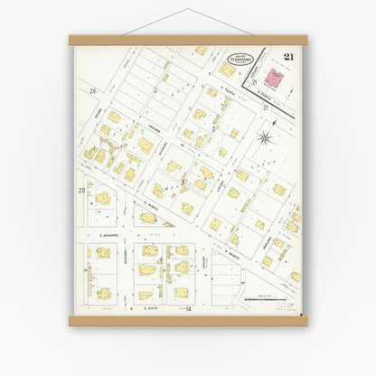Old map wall art mockup — magnetic wood frame on white wall — Sanborn Fire Insurance Map from Texarkana, Bowie County, Texas (1909), Sheet #0021