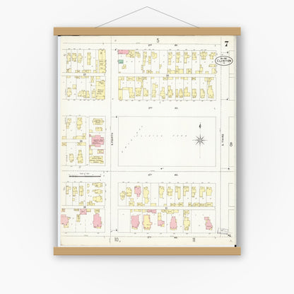 Old map wall art mockup — magnetic wood frame on white wall — Sanborn Fire Insurance Map from Clinton, Clinton County, Iowa (1897), Sheet #0007