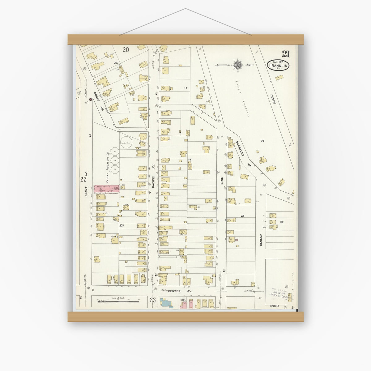 Old map wall art mockup — magnetic wood frame on white wall — Sanborn Fire Insurance Map from Franklin, Venango County, Pennsylvania (1912), Sheet #0021