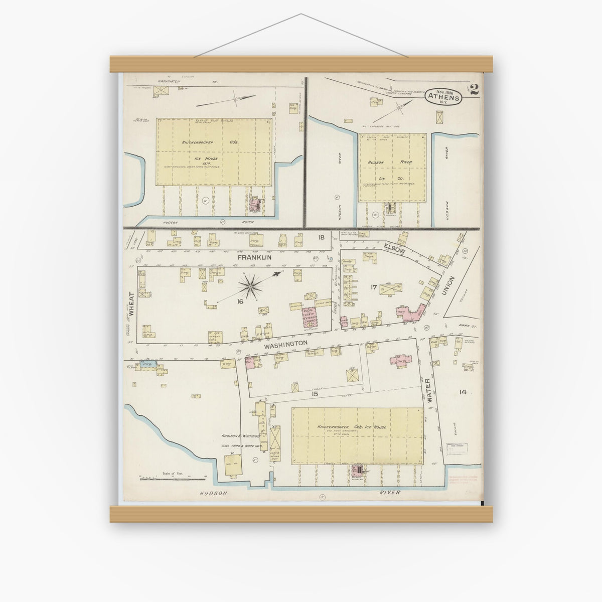 Old map wall art mockup — magnetic wood frame on white wall — Sanborn Fire Insurance Map from Athens, Greene County, New York (1886), Sheet #0002