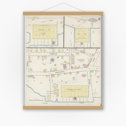 Old map wall art mockup — magnetic wood frame on white wall — Sanborn Fire Insurance Map from Athens, Greene County, New York (1886), Sheet #0002