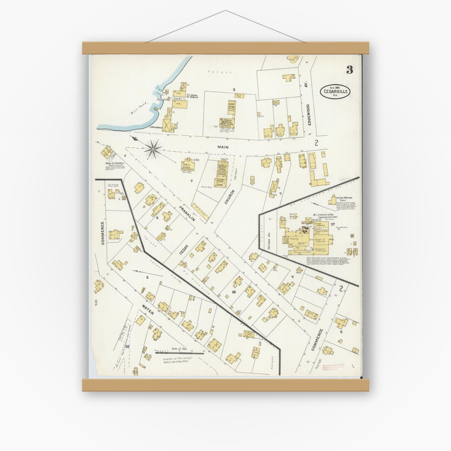 Old map wall art mockup — magnetic wood frame on white wall — Sanborn Fire Insurance Map from Cedarville, Cumberland County, New Jersey (1905), Sheet #0003