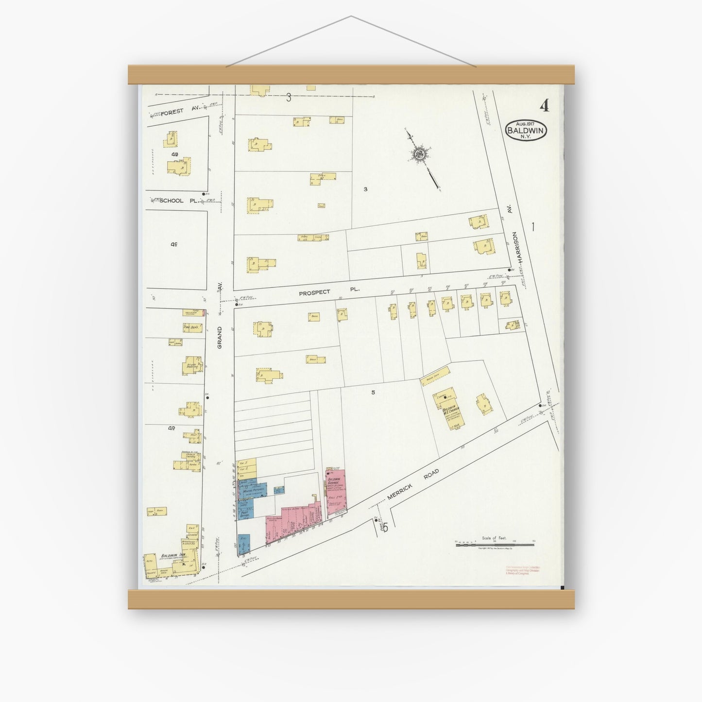 Old map wall art mockup — magnetic wood frame on white wall — Sanborn Fire Insurance Map from Baldwin, Nassau County, New York (1917), Sheet #0004