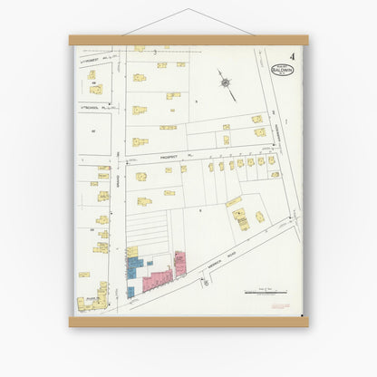 Old map wall art mockup — magnetic wood frame on white wall — Sanborn Fire Insurance Map from Baldwin, Nassau County, New York (1917), Sheet #0004
