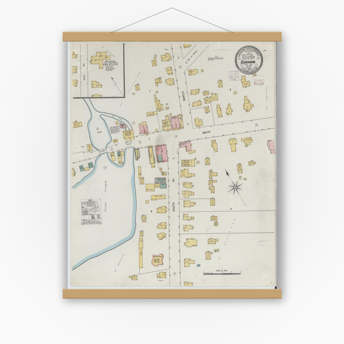 Old map wall art mockup — magnetic wood frame on white wall — Sanborn Fire Insurance Map from Gorham, Ortario County, New York (1906), Sheet #0001