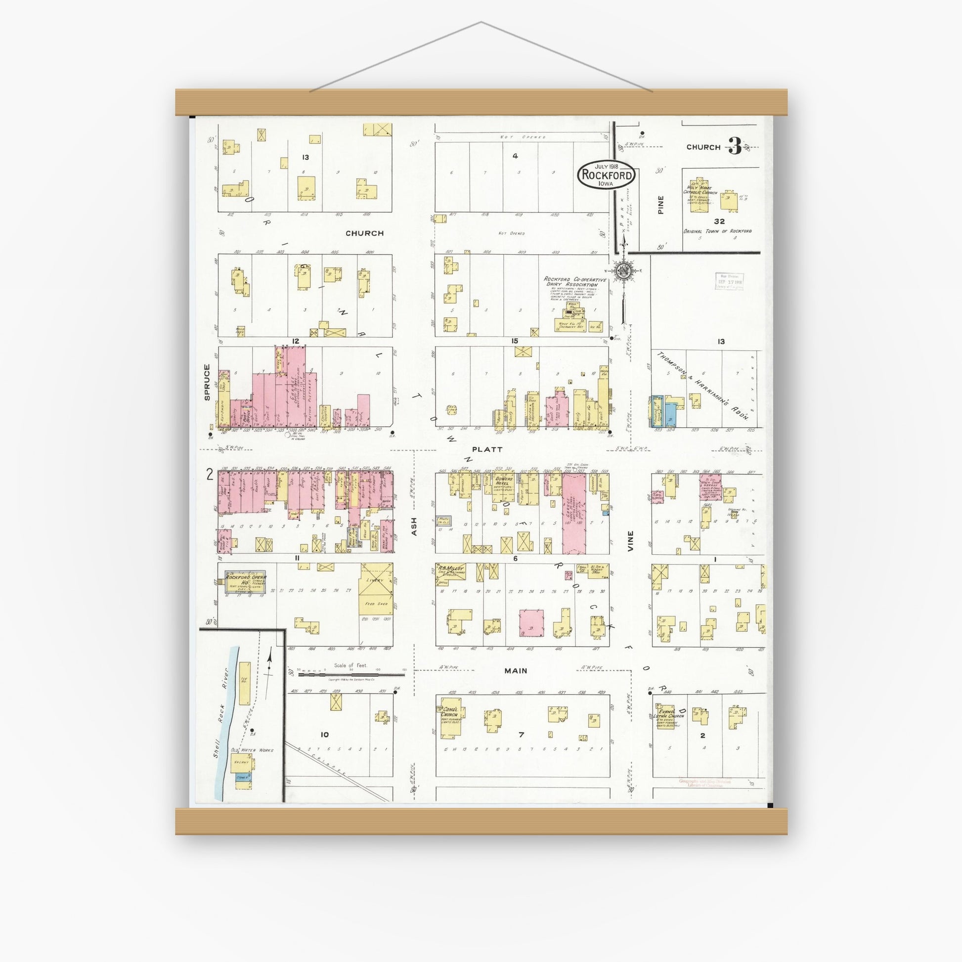 Old map wall art mockup — magnetic wood frame on white wall — Sanborn Fire Insurance Map from Rockford, Floyd County, Iowa (1918), Sheet #0003