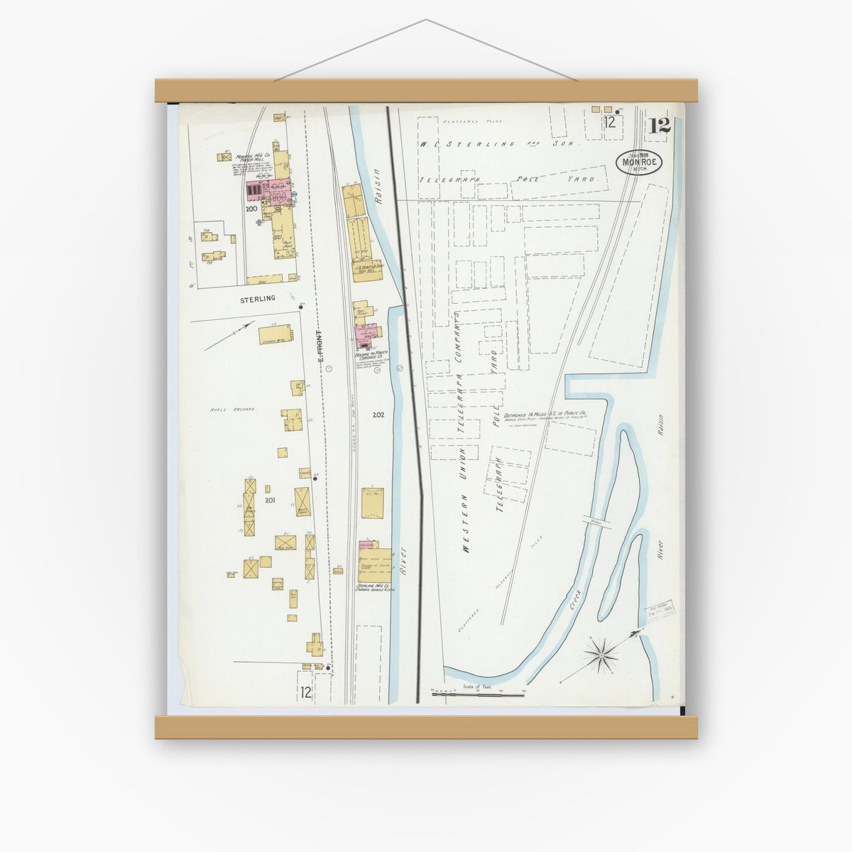 Old map wall art mockup — magnetic wood frame on white wall — Sanborn Fire Insurance Map from Monroe, Monroe County, Michigan (1899), Sheet #0012