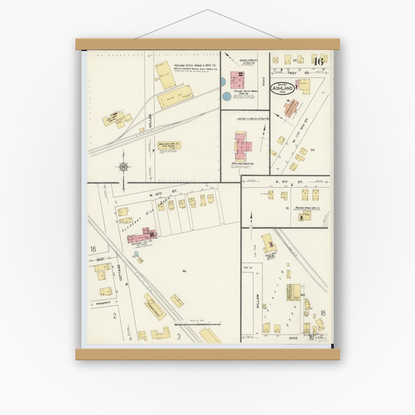 Old map wall art mockup — magnetic wood frame on white wall — Sanborn Fire Insurance Map from Ashland, Ashland County, Ohio (1911), Sheet #0016