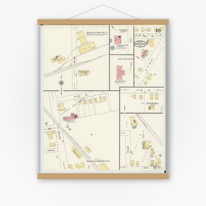 Old map wall art mockup — magnetic wood frame on white wall — Sanborn Fire Insurance Map from Ashland, Ashland County, Ohio (1911), Sheet #0016