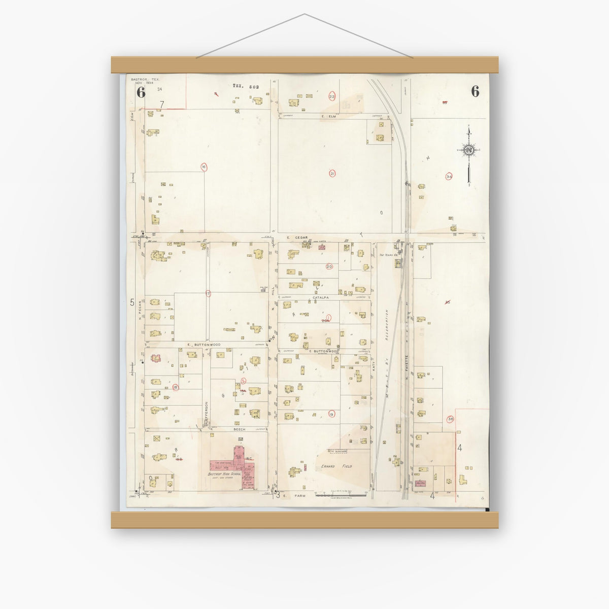 Old map wall art mockup — magnetic wood frame on white wall — Sanborn Fire Insurance Map from Bastrop, Bastrop County, Texas (1944), Sheet #0006