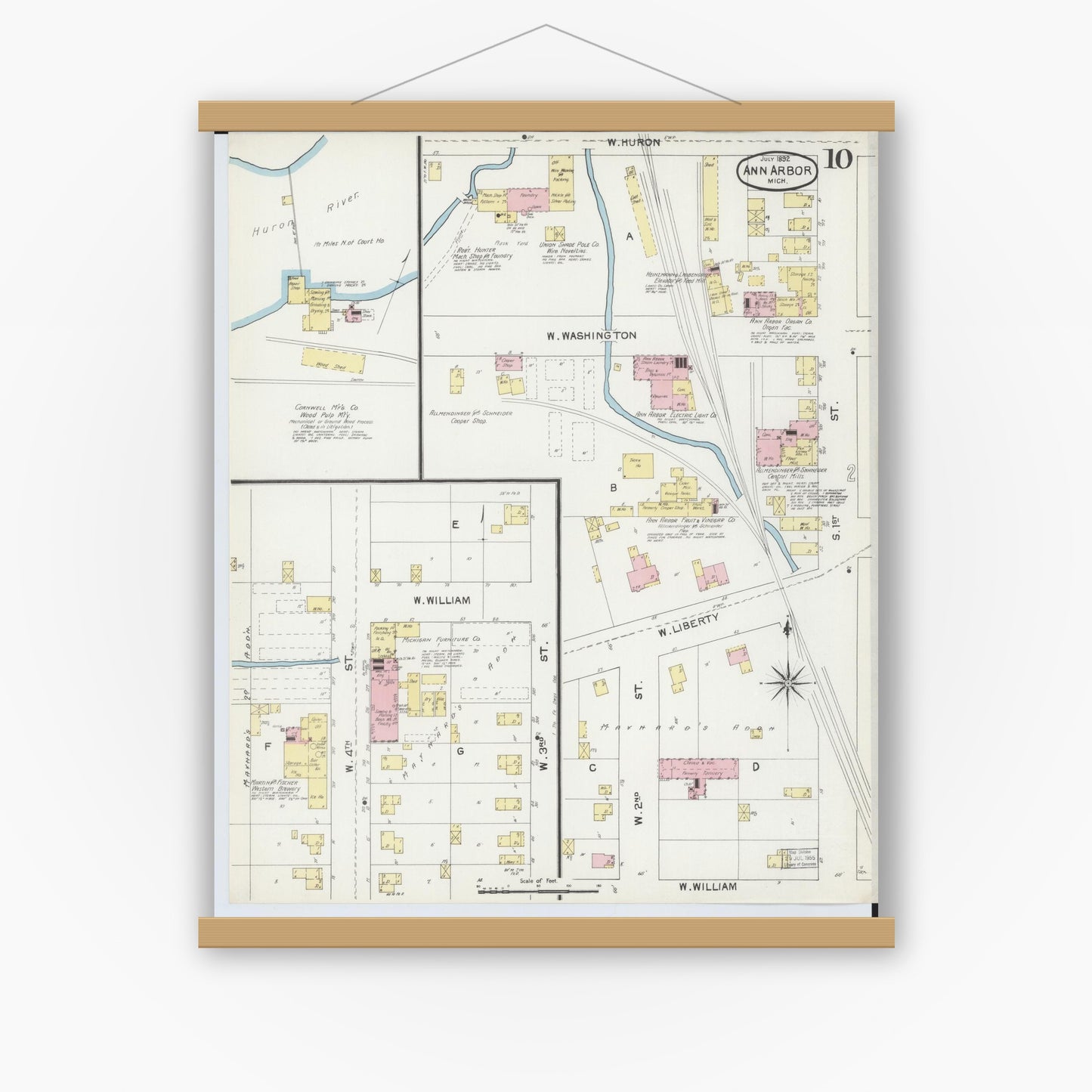 Old map wall art mockup — magnetic wood frame on white wall — Sanborn Fire Insurance Map from Ann Arbor, Washtenaw County, Michigan (1892), Sheet #0010