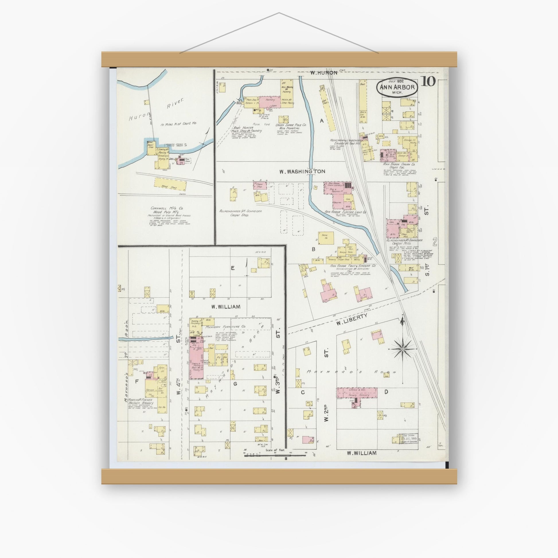Old map wall art mockup — magnetic wood frame on white wall — Sanborn Fire Insurance Map from Ann Arbor, Washtenaw County, Michigan (1892), Sheet #0010