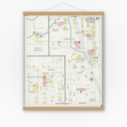 Old map wall art mockup — magnetic wood frame on white wall — Sanborn Fire Insurance Map from Ann Arbor, Washtenaw County, Michigan (1892), Sheet #0010