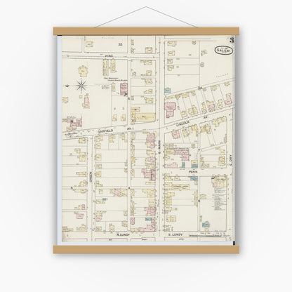 Old map wall art mockup — magnetic wood frame on white wall — Sanborn Fire Insurance Map from Salem, Columbiana County, Ohio (1887), Sheet #0003