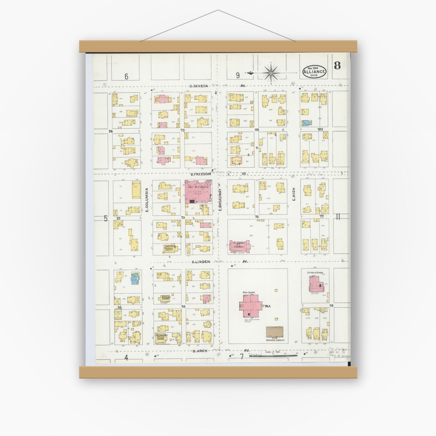 Old map wall art mockup — magnetic wood frame on white wall — Sanborn Fire Insurance Map from Alliance, Stark County, Ohio (1904), Sheet #0008