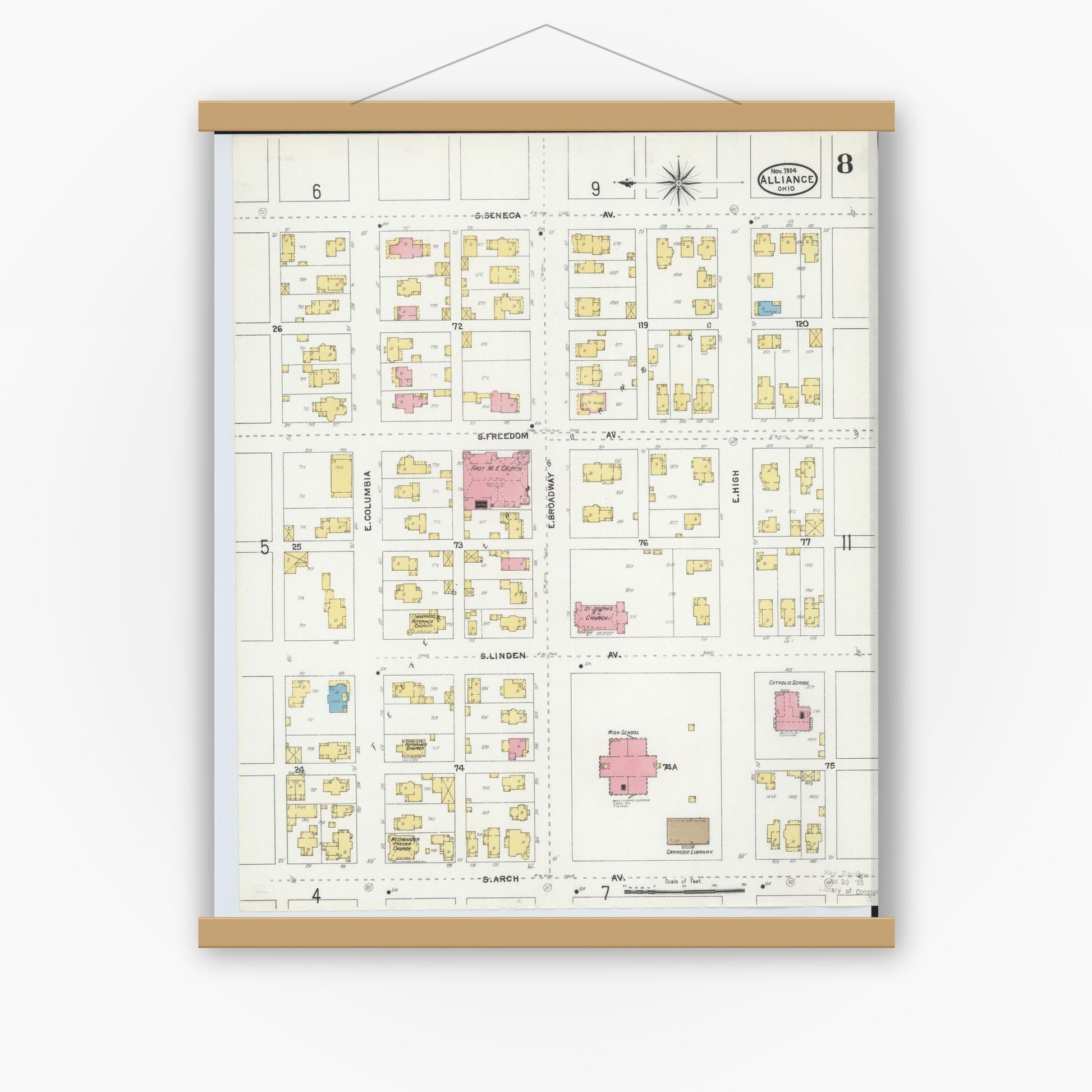 Old map wall art mockup — magnetic wood frame on white wall — Sanborn Fire Insurance Map from Alliance, Stark County, Ohio (1904), Sheet #0008