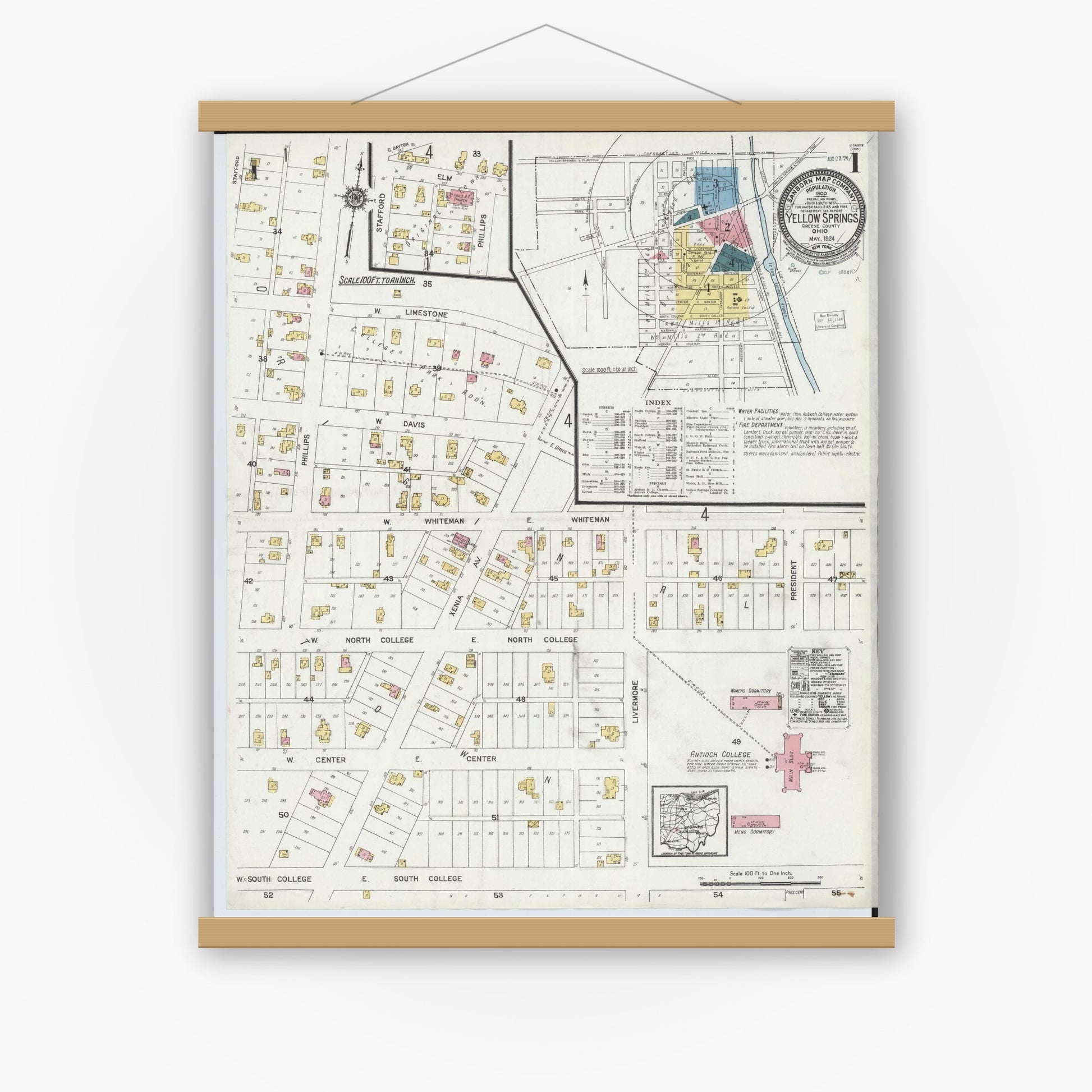 Old map wall art mockup — magnetic wood frame on white wall — Sanborn Fire Insurance Map from Yellow Springs, Greene County, Ohio (1924) - Complete Map Set
