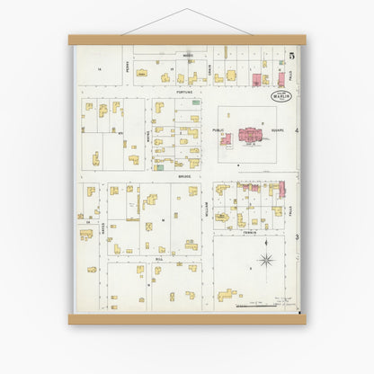Old map wall art mockup — magnetic wood frame on white wall — Sanborn Fire Insurance Map from Marlin, Falls County, Texas (1899), Sheet #0005