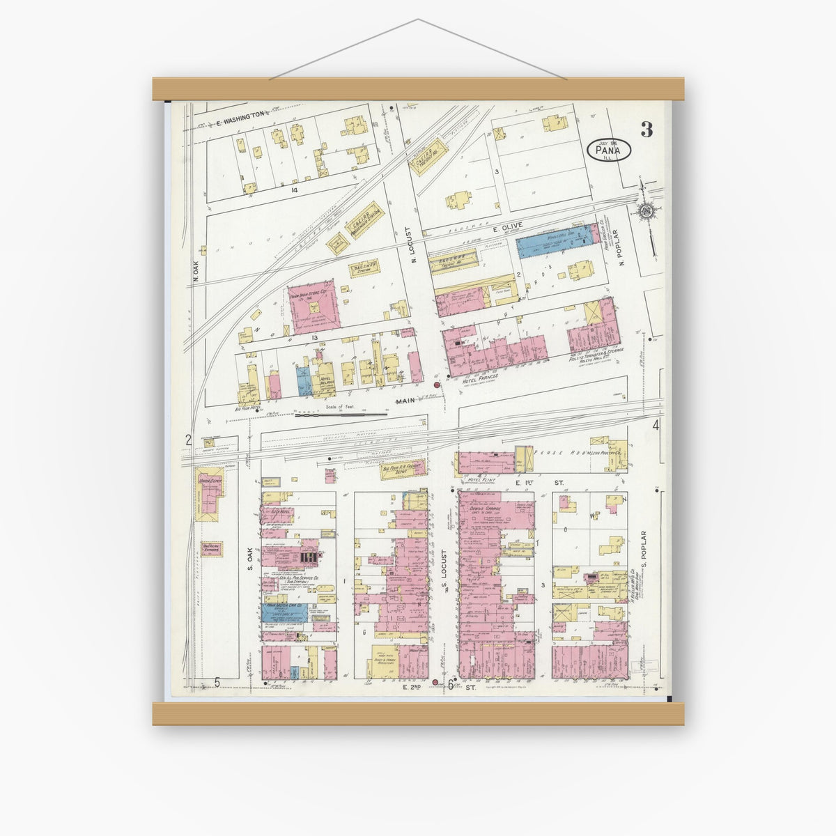 Old map wall art mockup — magnetic wood frame on white wall — Sanborn Fire Insurance Map from Pana, Christian County, Illinois (1916), Sheet #0003