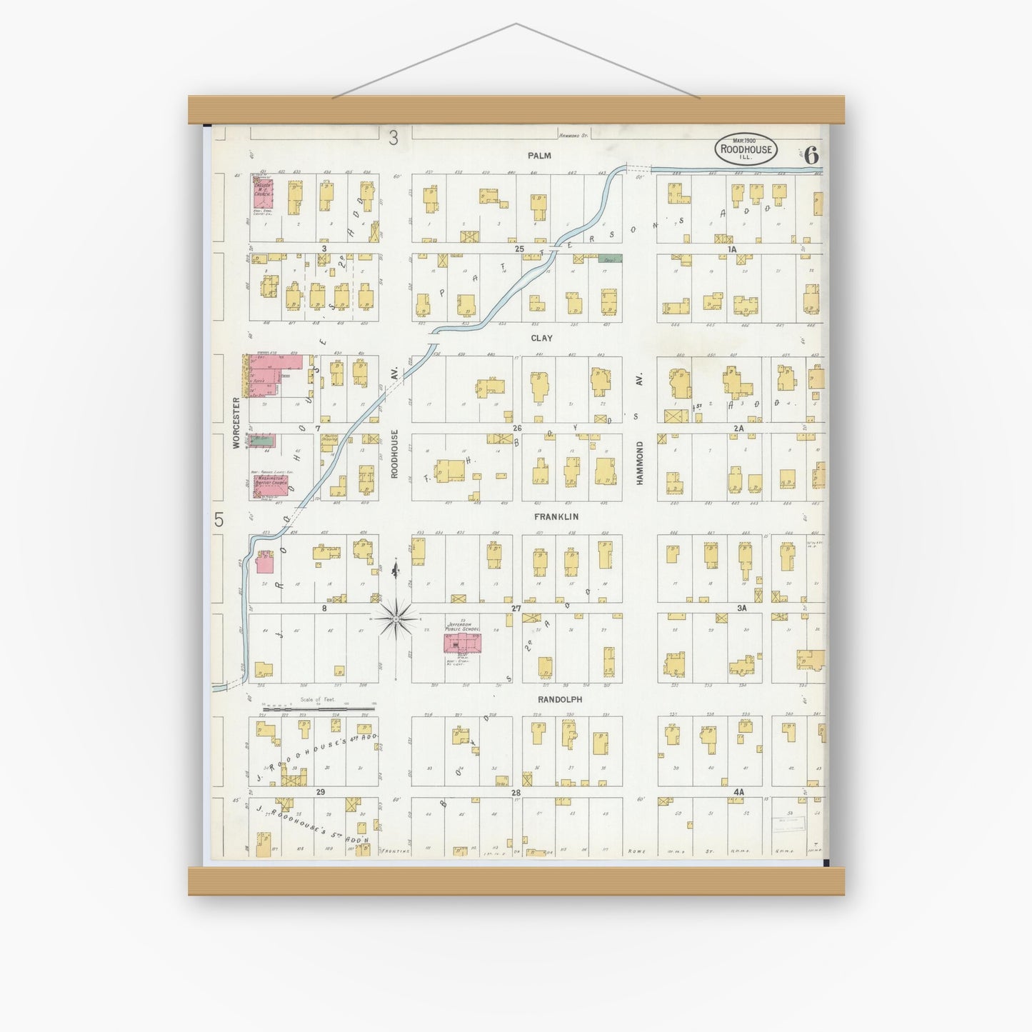 Old map wall art mockup — magnetic wood frame on white wall — Sanborn Fire Insurance Map from Roodhouse, Greene County, Illinois (1900), Sheet #0006