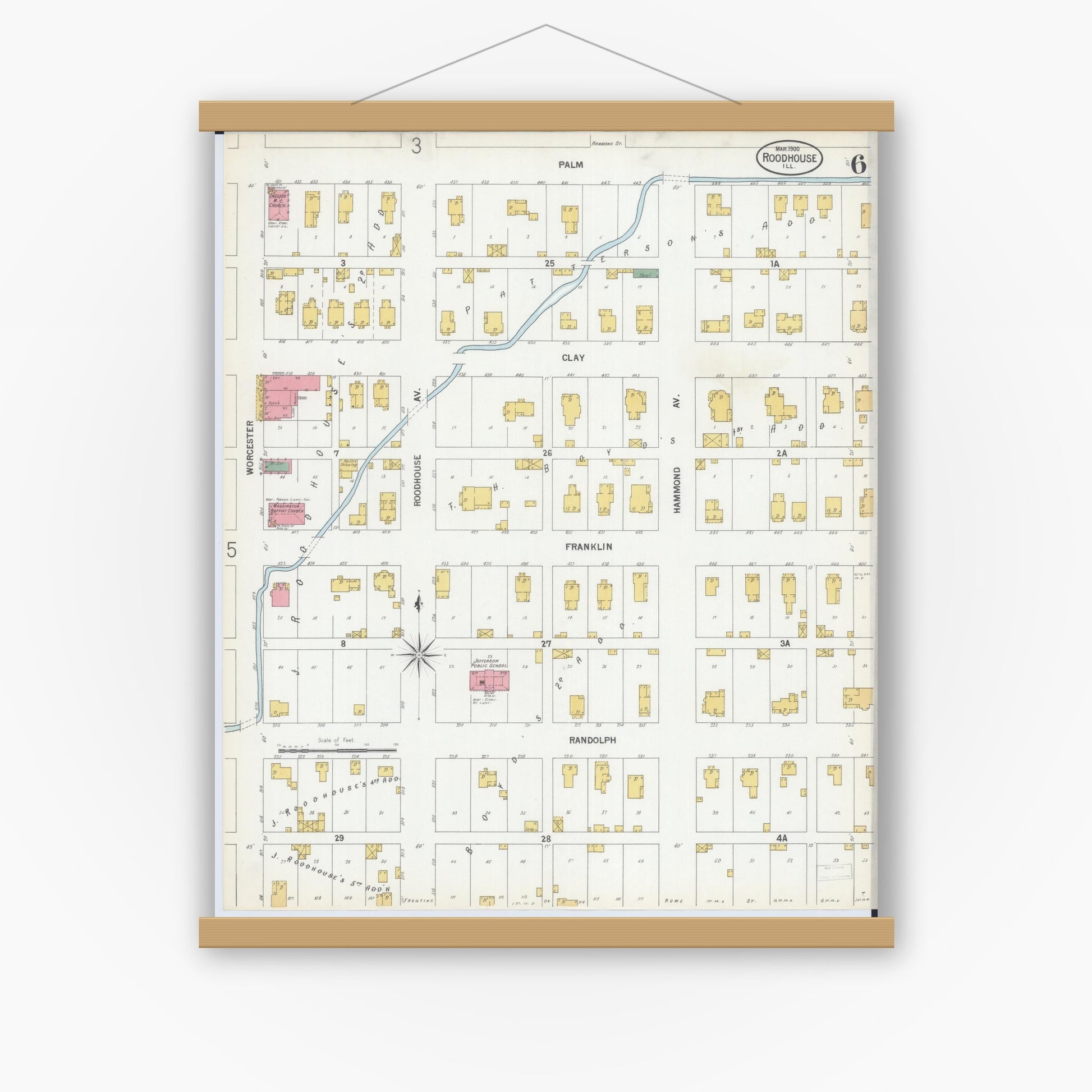 Old map wall art mockup — magnetic wood frame on white wall — Sanborn Fire Insurance Map from Roodhouse, Greene County, Illinois (1900), Sheet #0006