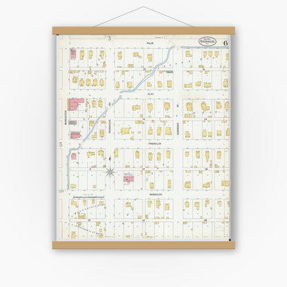 Old map wall art mockup — magnetic wood frame on white wall — Sanborn Fire Insurance Map from Roodhouse, Greene County, Illinois (1900), Sheet #0006