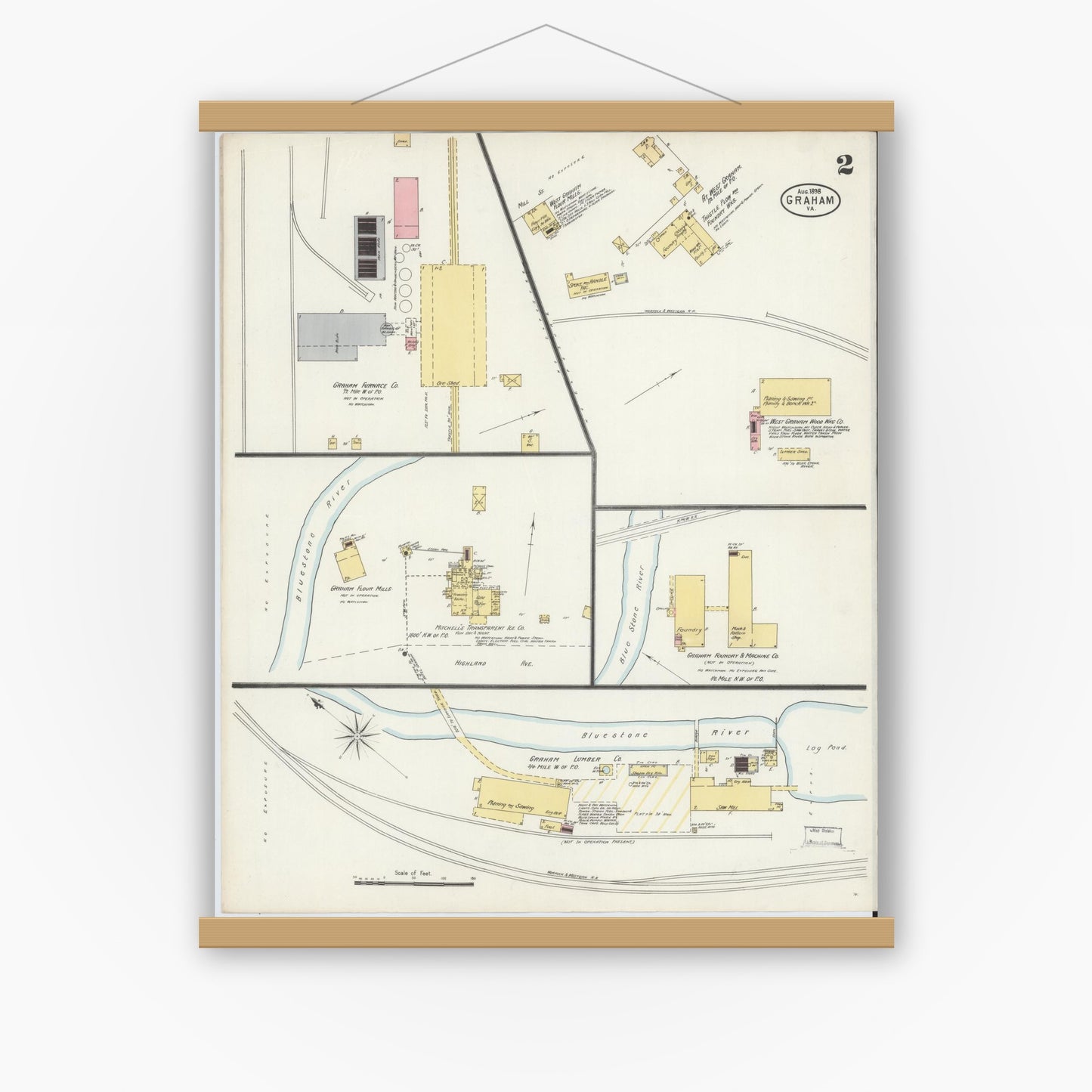 Old map wall art mockup — magnetic wood frame on white wall — Sanborn Fire Insurance Map from Graham, Tazewell County, Virginia (1898), Sheet #0002
