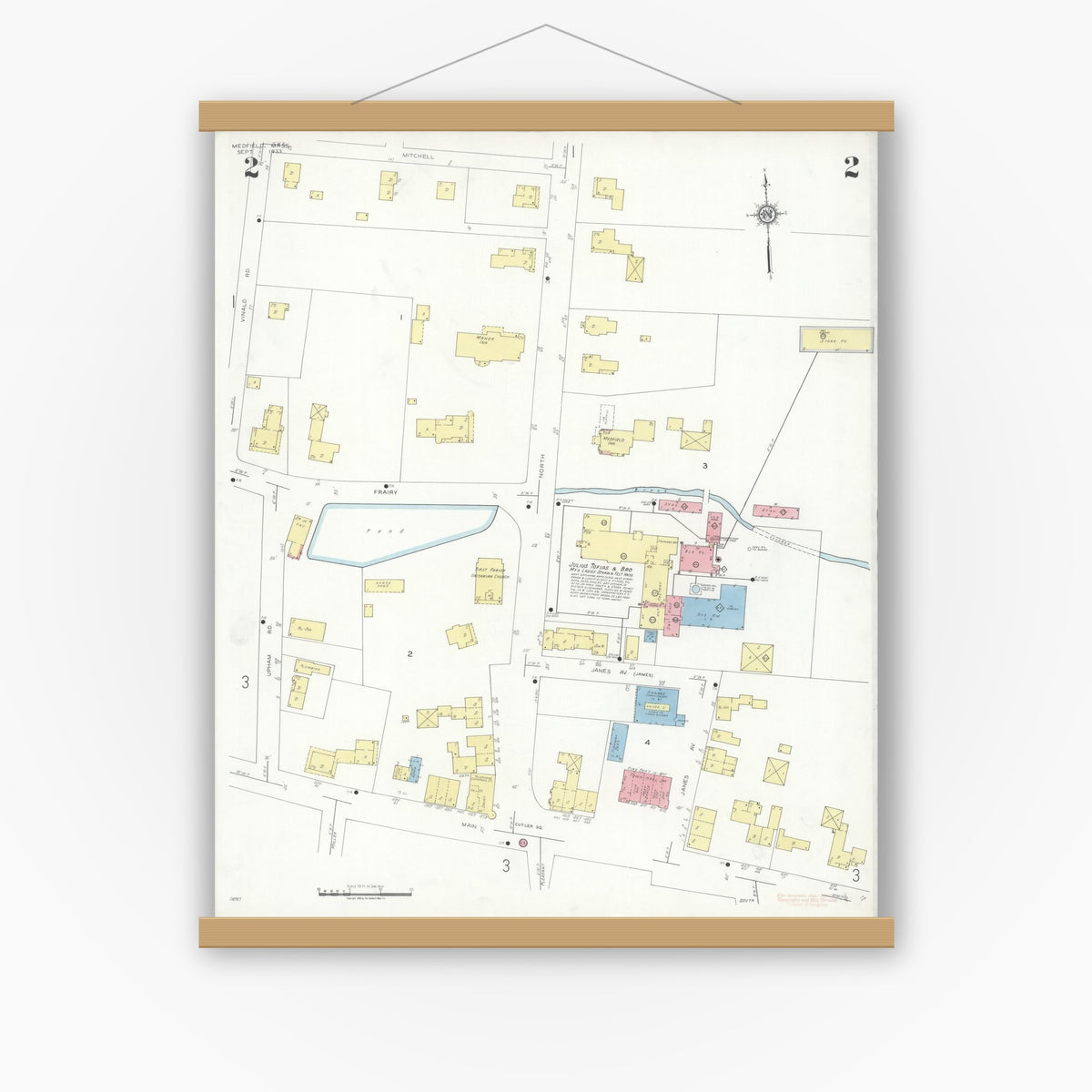 Old map wall art mockup — magnetic wood frame on white wall — Sanborn Fire Insurance Map from Medfield, Norfolk County, Massachusetts (1933), Sheet #0002