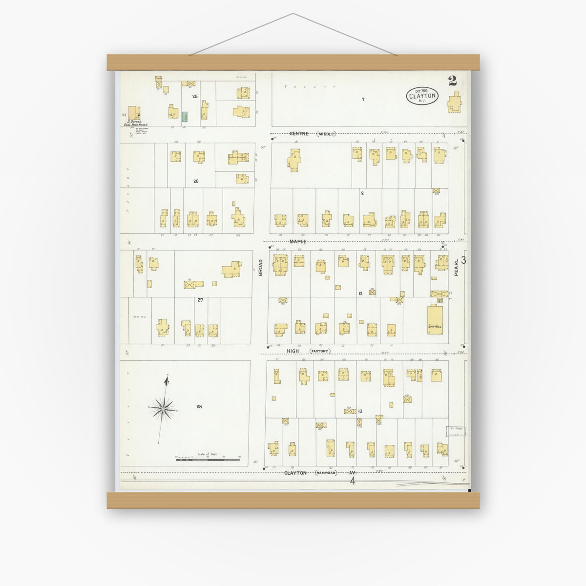Old map wall art mockup — magnetic wood frame on white wall — Sanborn Fire Insurance Map from Clayton, Gloucester County, New Jersey (1900), Sheet #0002