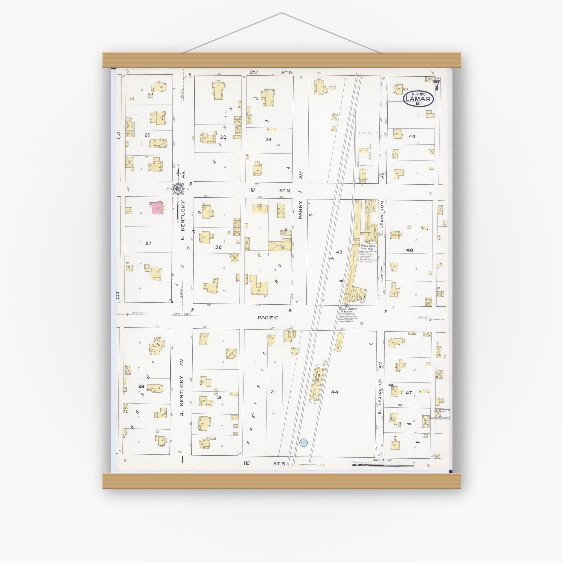 Old map wall art mockup — magnetic wood frame on white wall — Sanborn Fire Insurance Map from Lamar, Barton County, Missouri (1916), Sheet #0007