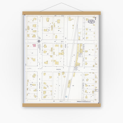 Old map wall art mockup — magnetic wood frame on white wall — Sanborn Fire Insurance Map from Lamar, Barton County, Missouri (1916), Sheet #0007
