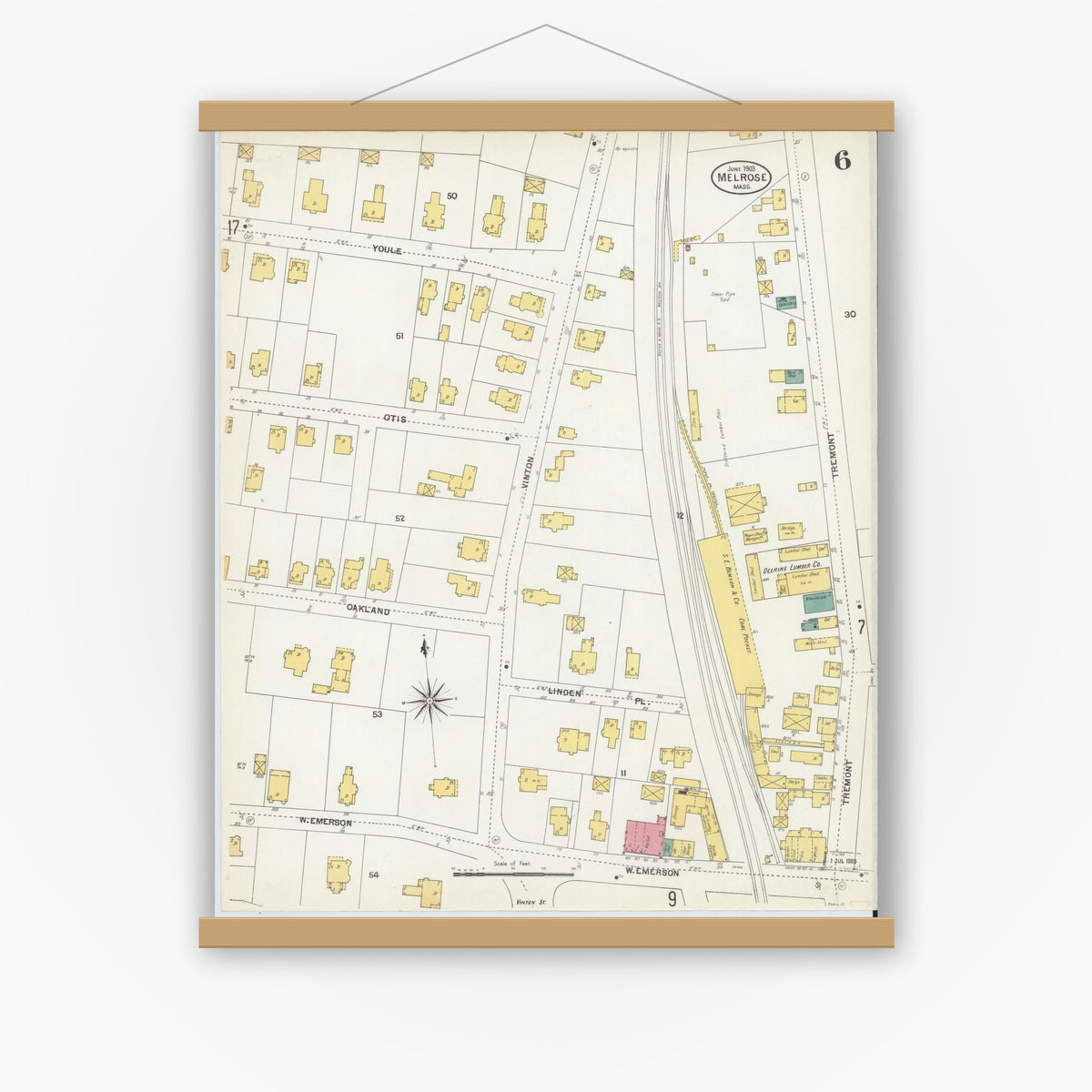 Old map wall art mockup — magnetic wood frame on white wall — Sanborn Fire Insurance Map from Melrose, Middlesex County, Massachusetts (1903), Sheet #0006