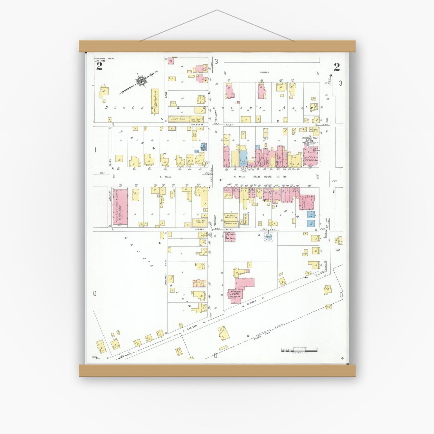Old map wall art mockup — magnetic wood frame on white wall — Sanborn Fire Insurance Map from Kingston, Ross County, Ohio (1949), Sheet #0002