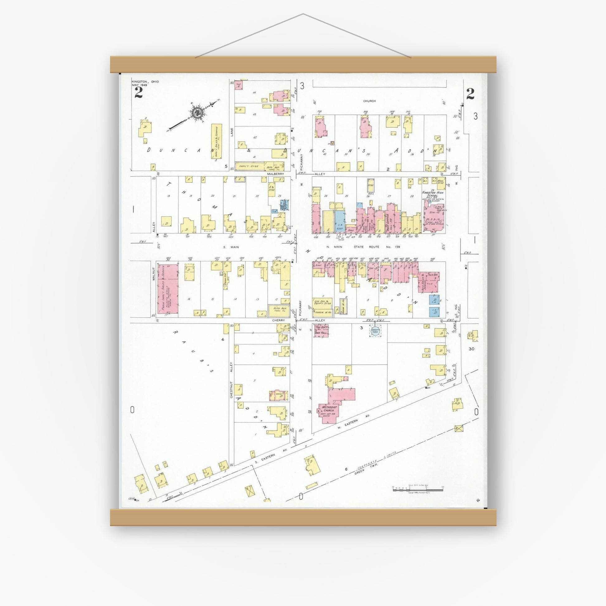 Old map wall art mockup — magnetic wood frame on white wall — Sanborn Fire Insurance Map from Kingston, Ross County, Ohio (1949), Sheet #0002