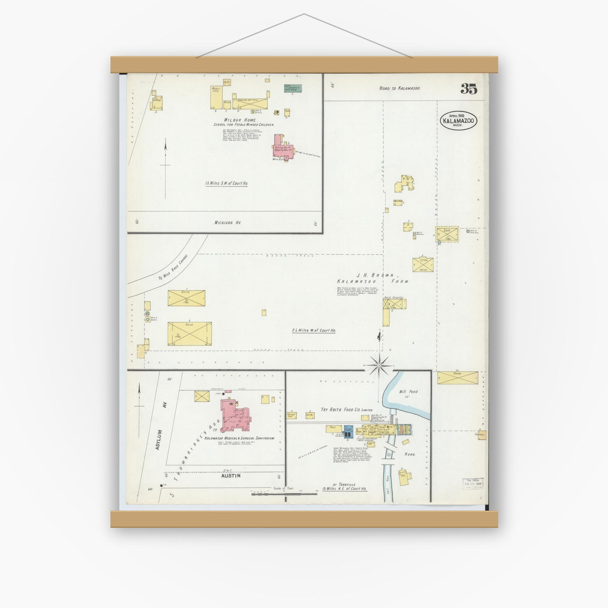 Old map wall art mockup — magnetic wood frame on white wall — Sanborn Fire Insurance Map from Kalamazoo, Kalamazoo County, Michigan (1902), Sheet #0035