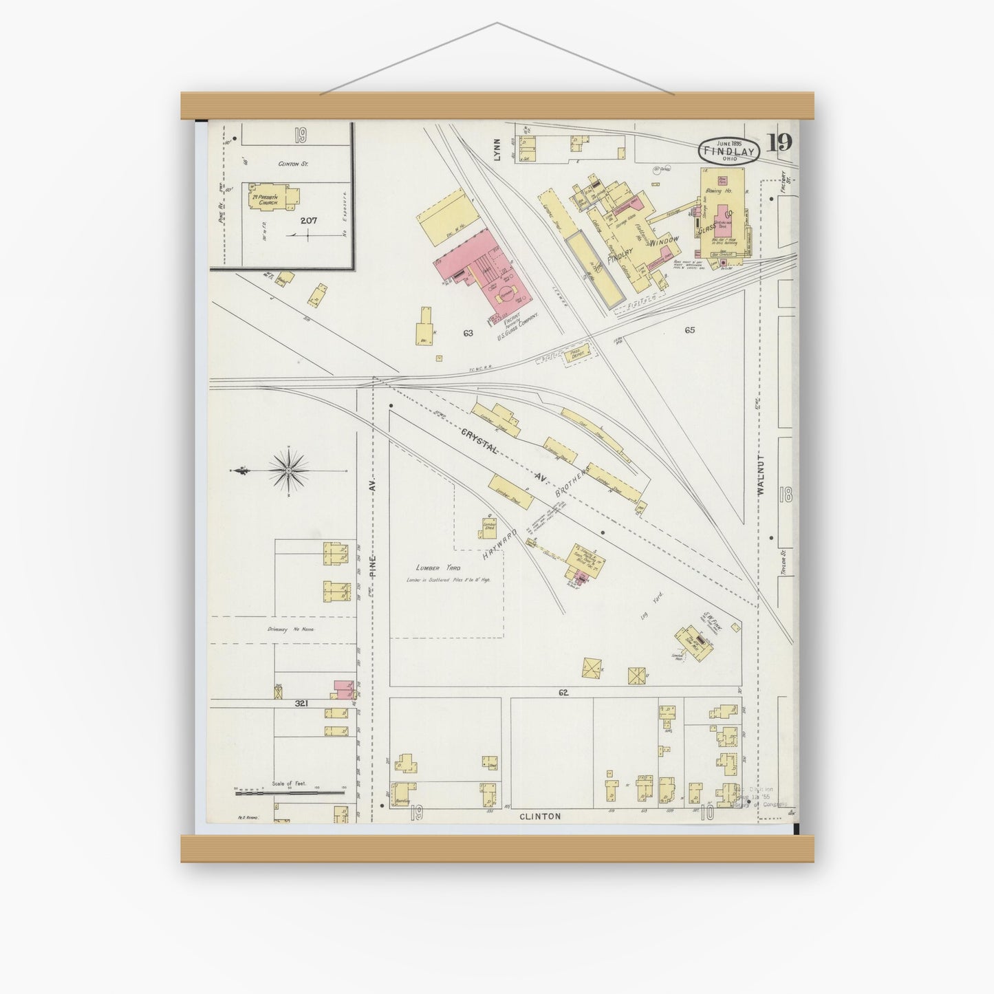 Old map wall art mockup — magnetic wood frame on white wall — Sanborn Fire Insurance Map from Findlay, Hancock County, Ohio (1895), Sheet #0019