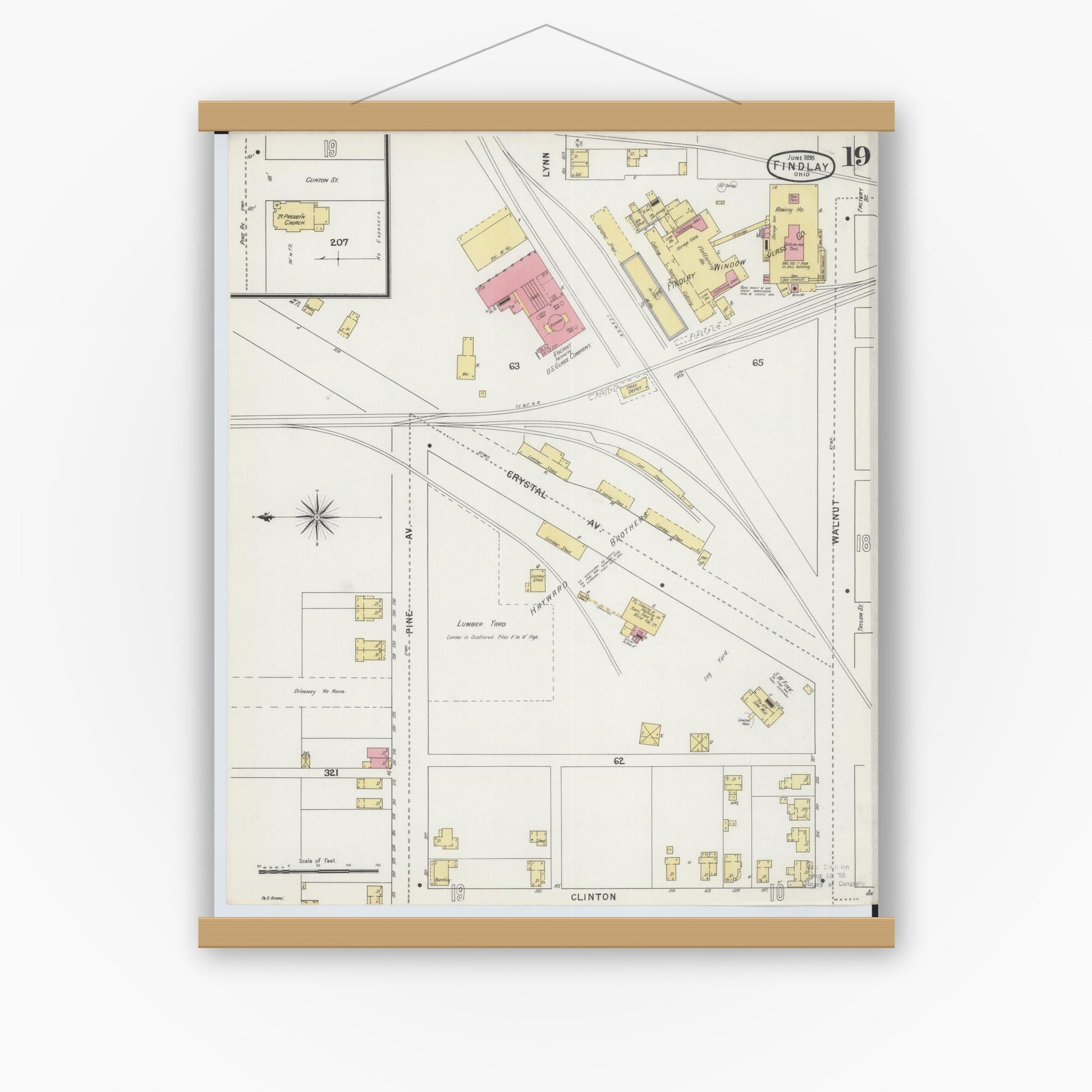 Old map wall art mockup — magnetic wood frame on white wall — Sanborn Fire Insurance Map from Findlay, Hancock County, Ohio (1895), Sheet #0019