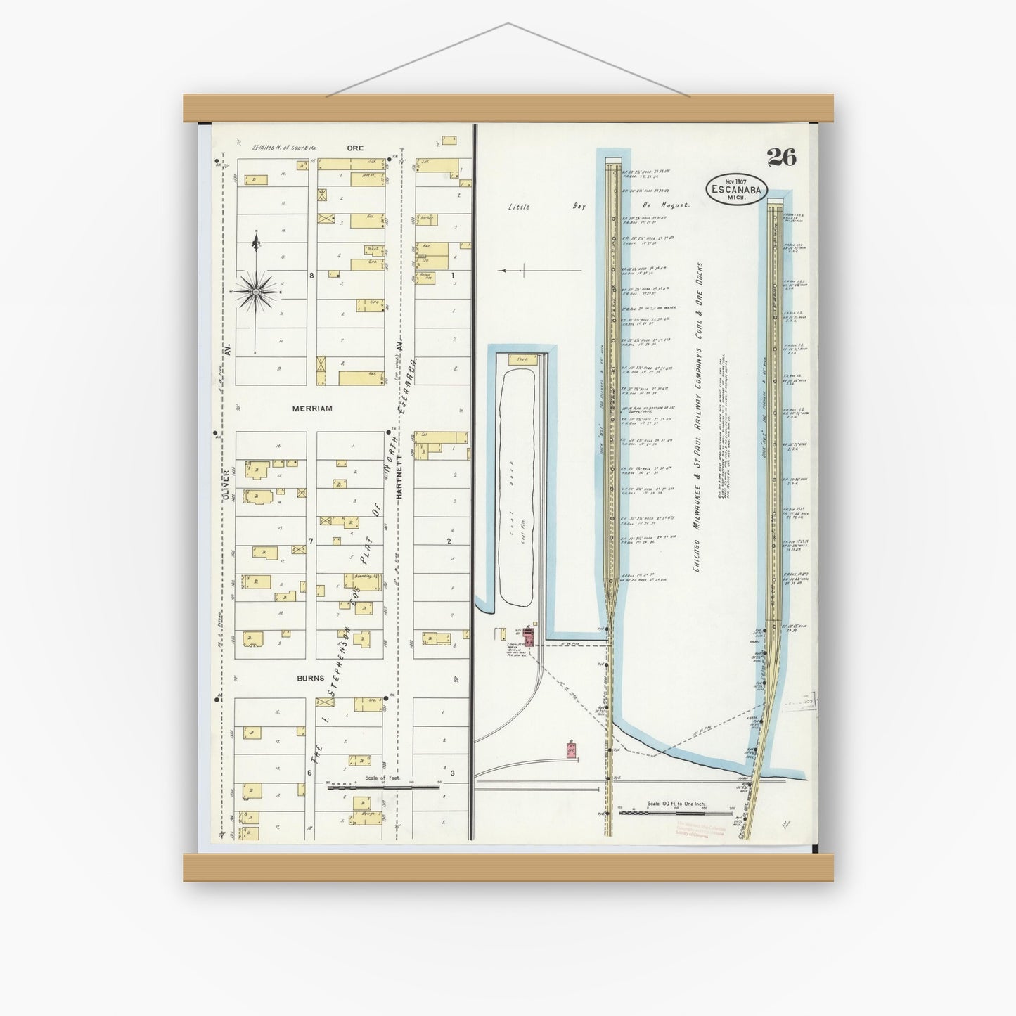 Old map wall art mockup — magnetic wood frame on white wall — Sanborn Fire Insurance Map from Escanaba, Delta County, Michigan (1906), Sheet #0026