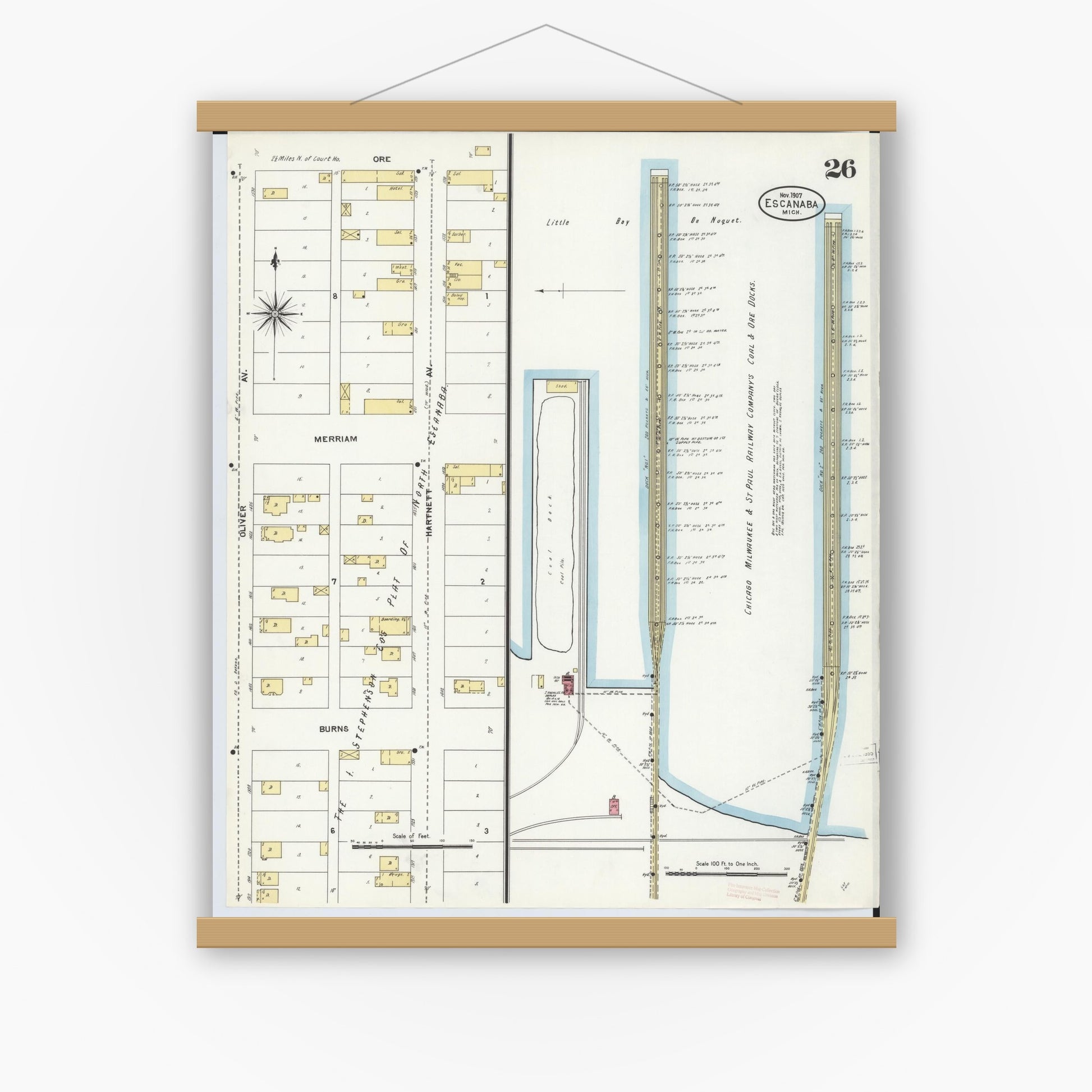 Old map wall art mockup — magnetic wood frame on white wall — Sanborn Fire Insurance Map from Escanaba, Delta County, Michigan (1906), Sheet #0026