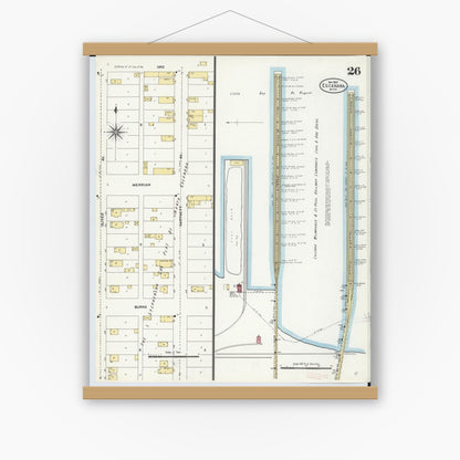 Old map wall art mockup — magnetic wood frame on white wall — Sanborn Fire Insurance Map from Escanaba, Delta County, Michigan (1906), Sheet #0026