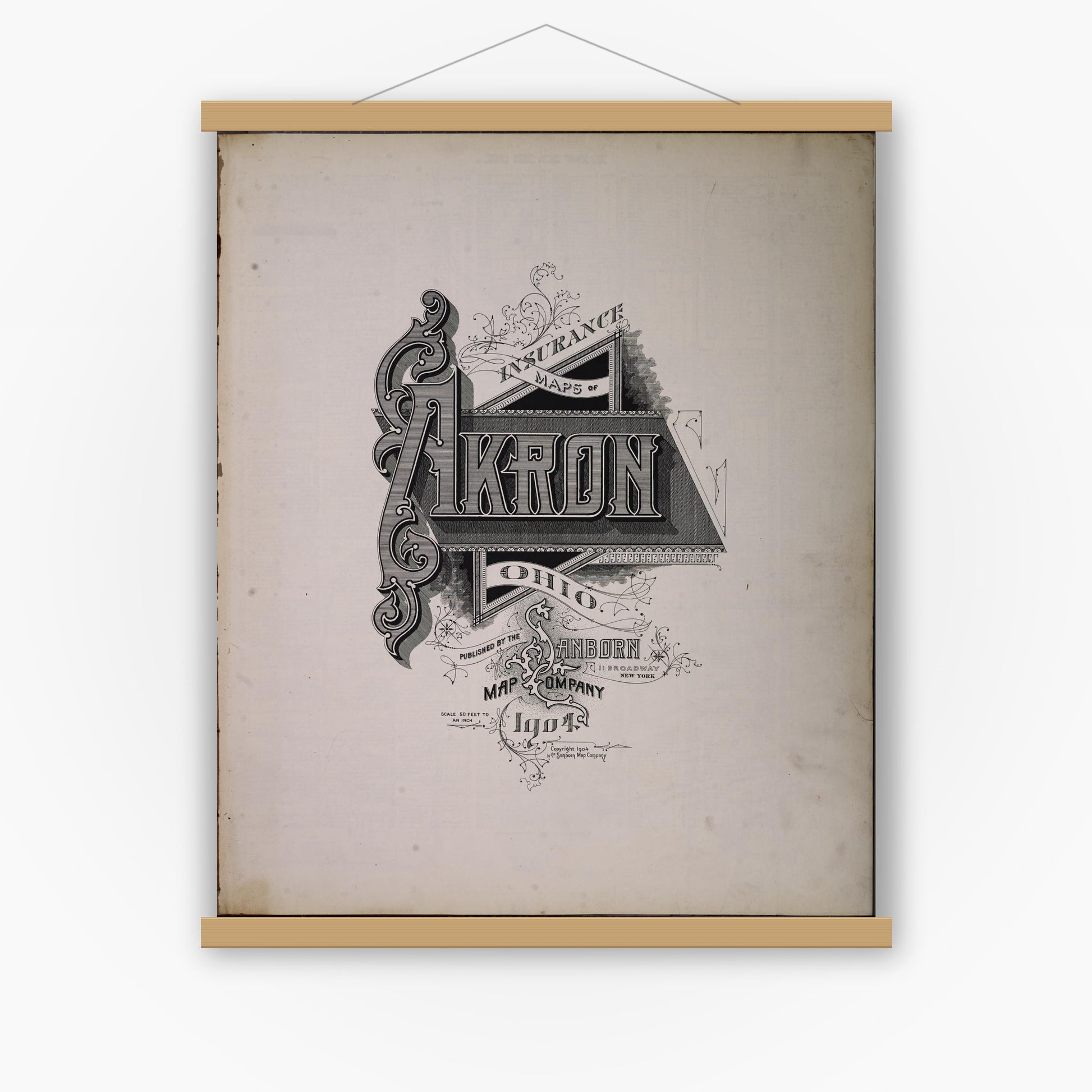 Old map wall art mockup — magnetic wood frame on white wall — Sanborn Fire Insurance Map from Akron, Summit County, Ohio (1904), Sheet #0001