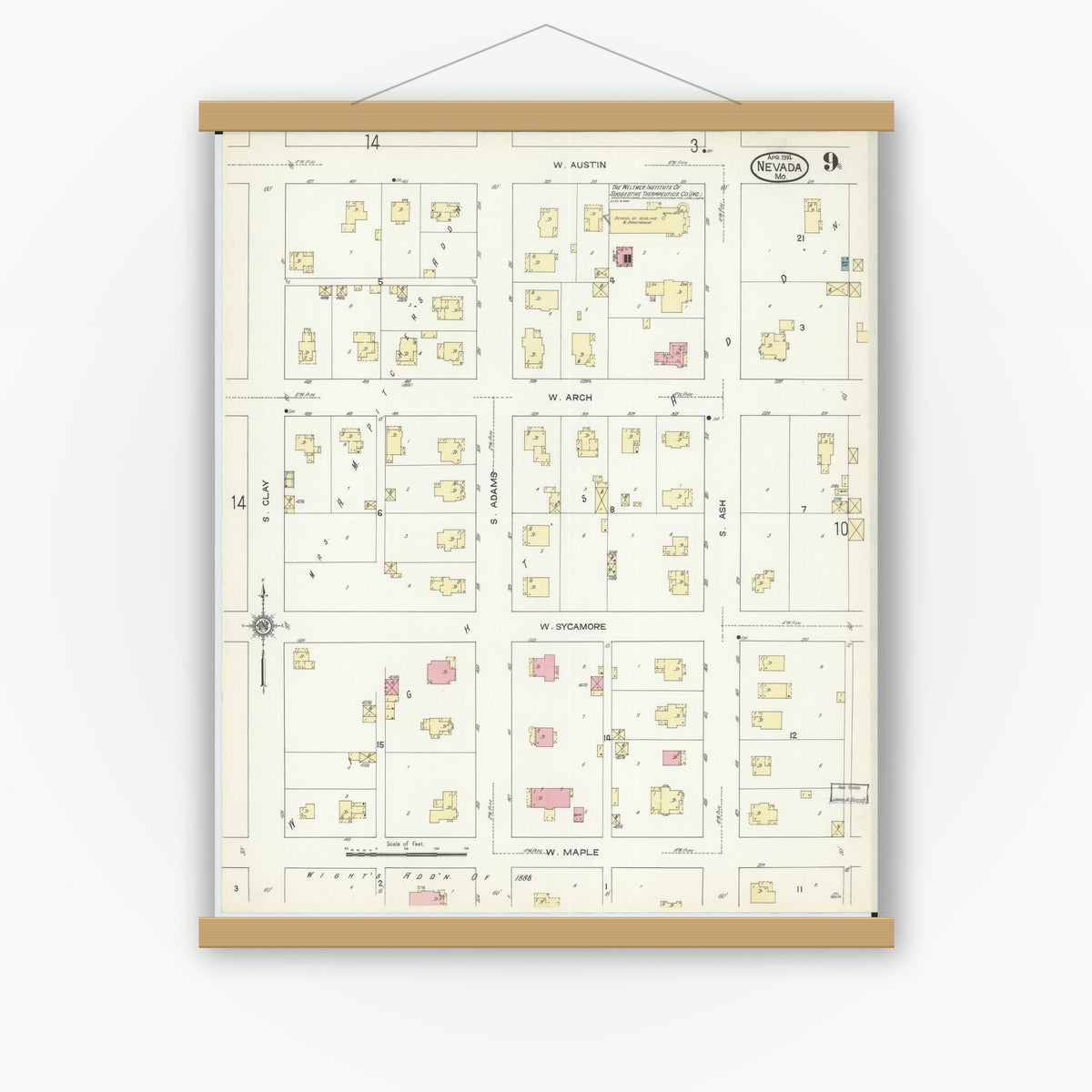 Old map wall art mockup — magnetic wood frame on white wall — Sanborn Fire Insurance Map from Nevada, Vernon County, Missouri (1914), Sheet #0009