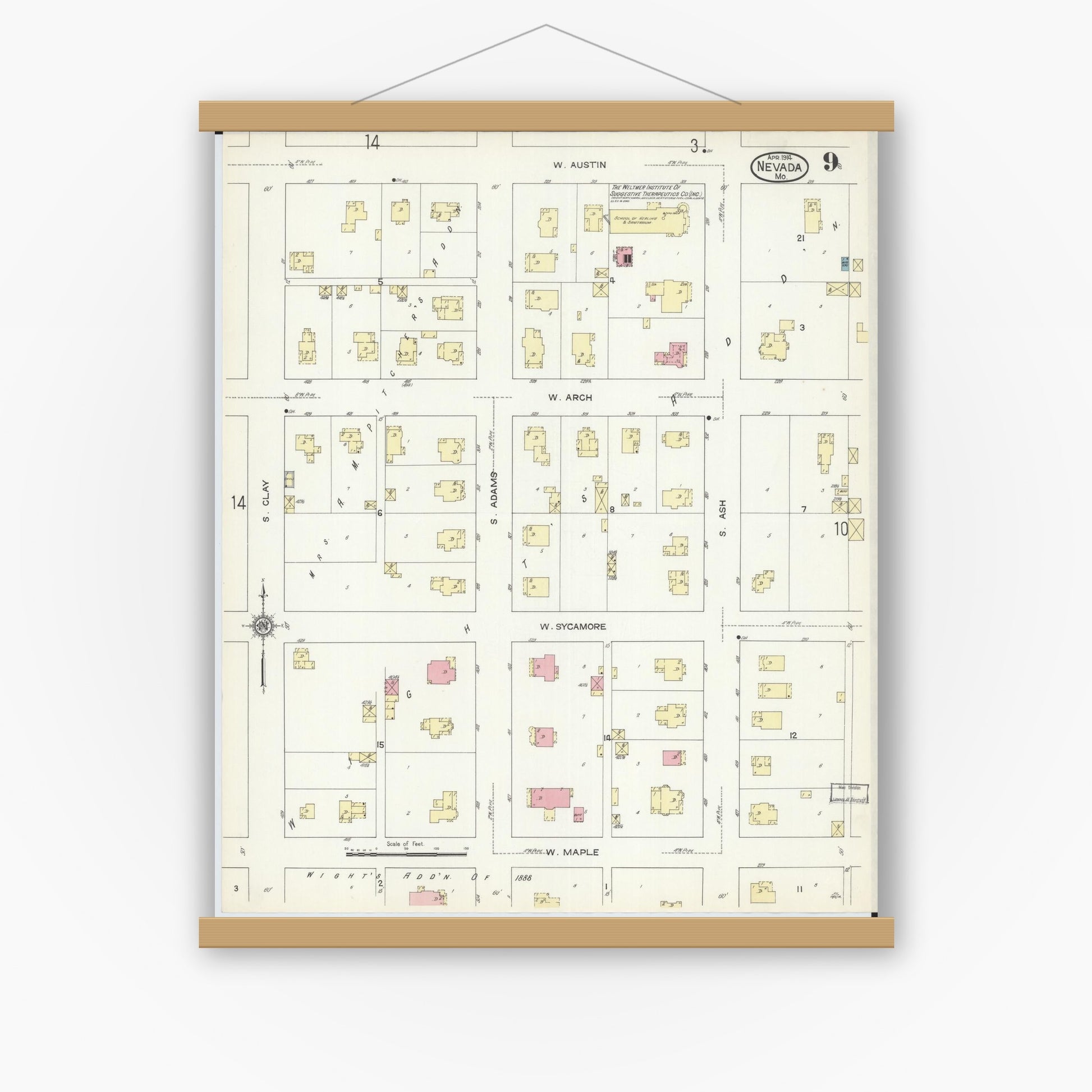 Old map wall art mockup — magnetic wood frame on white wall — Sanborn Fire Insurance Map from Nevada, Vernon County, Missouri (1914), Sheet #0009