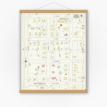 Old map wall art mockup — magnetic wood frame on white wall — Sanborn Fire Insurance Map from Nevada, Vernon County, Missouri (1914), Sheet #0009